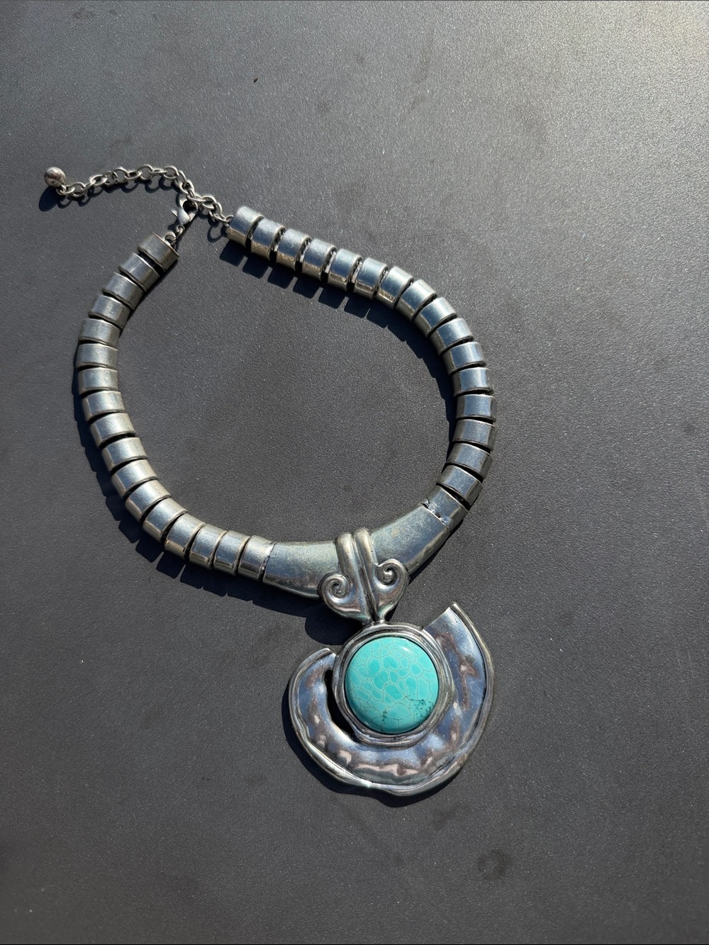 Vintage Silver-Tone Statement Necklace with Turquoise Cabochon
